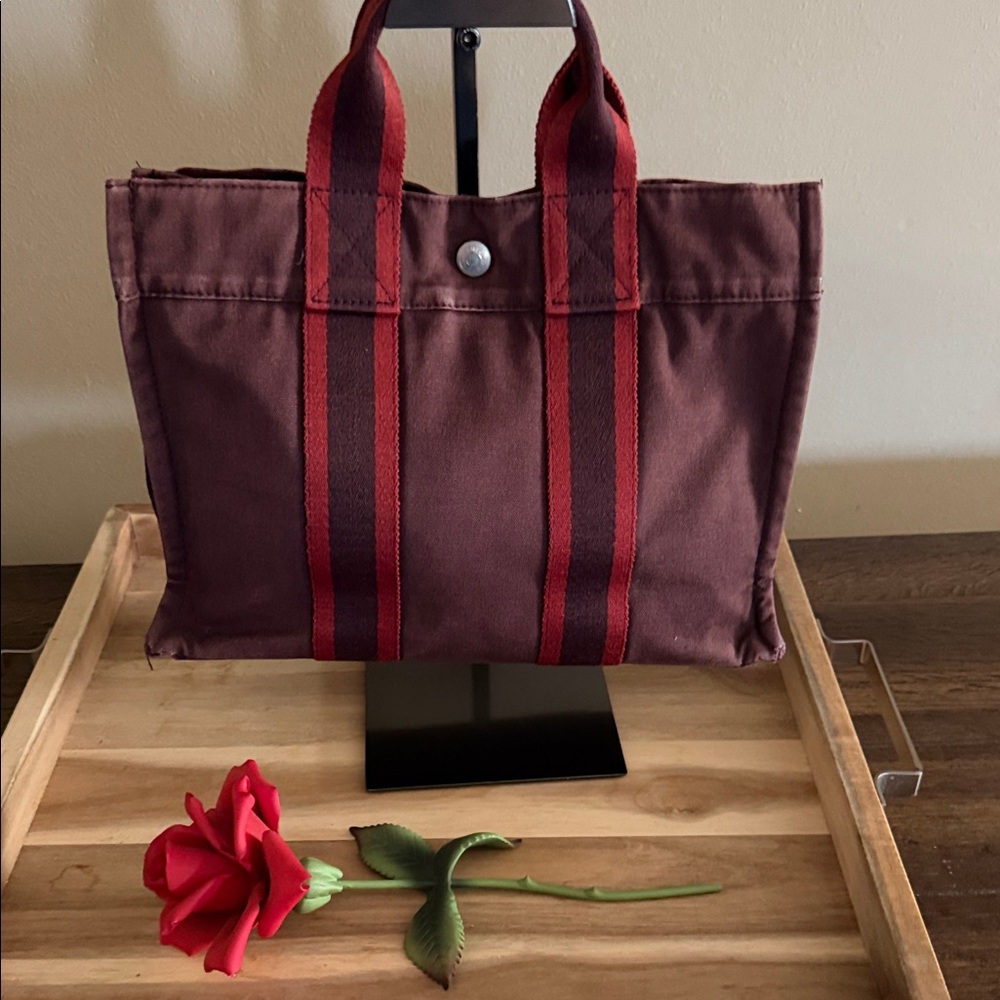 Hermès Fourre Tout PM canvas tote bag in bordeaux and red